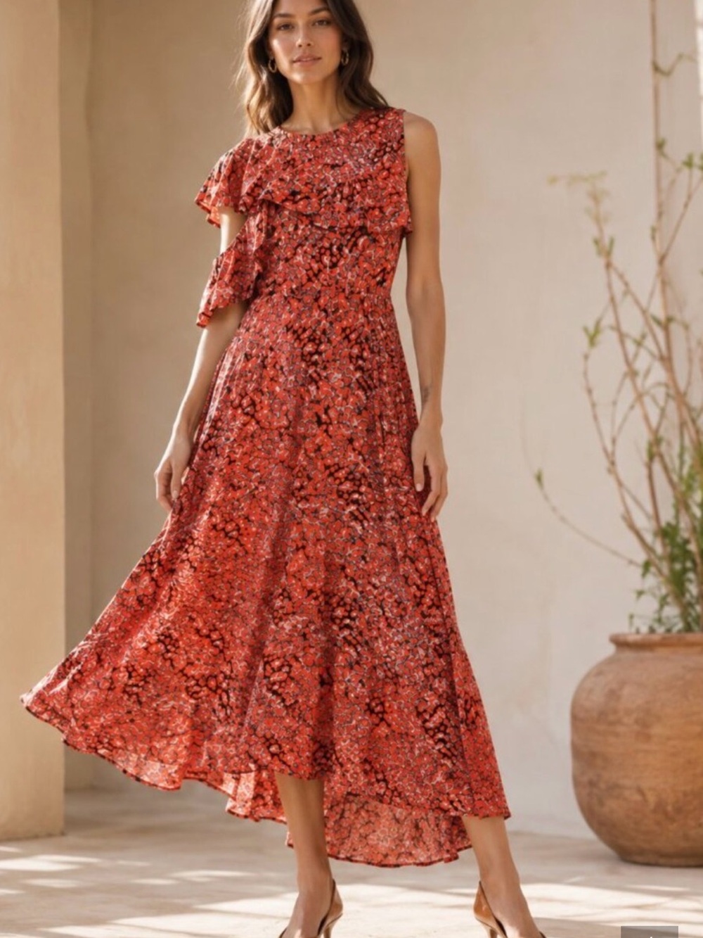 Maje Red Printed Racha One-Shoulder Ruffled Midi Dress Size 2